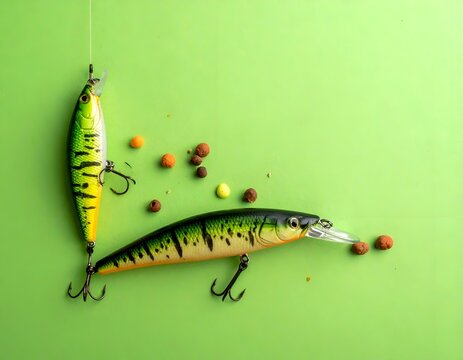 Two fishing lures with hooks and colorful bait on a bright green background
