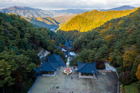 High Angle Aerial Drone View of Guinsa Temple Nested Among Autumn Mountains in Danyang, South Korea