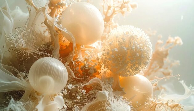 Intricate abstract pearl spheres and organic fiber textures.