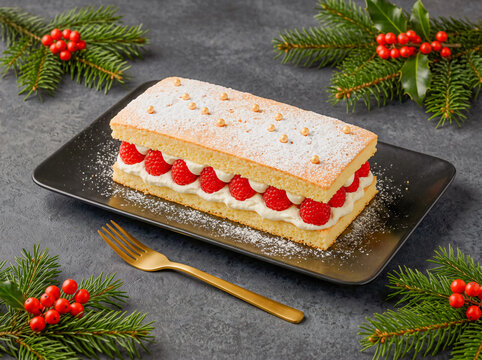 Layered sponge cake with cream and fresh raspberries decorated for Christmas
