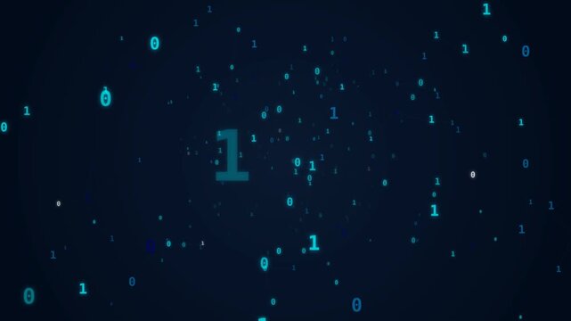 Digital binary code stream motion over dark background for data processing concepts.