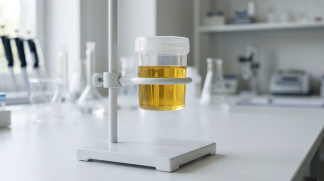 Urine Sample Container Held by Stand on White Laboratory Table for Medical Analysis