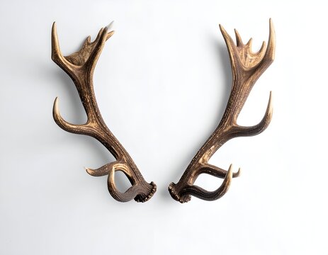 Close-up of two large, symmetrical deer antlers against a clean, white background