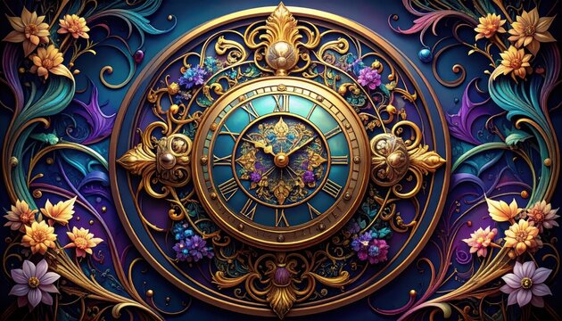 Intricate golden clock with vibrant floral filigree patterns.