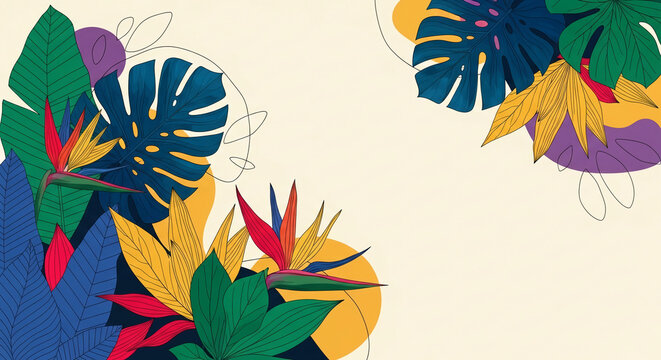 Vibrant tropical leaves and bird of paradise flowers in a flat, stylized design, representing nature's bold beauty and exotic charm