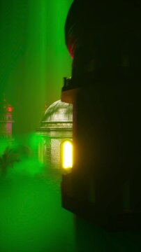 Glowing Yellow Windows Mosque Shrine in Foggy Green Light Cavern