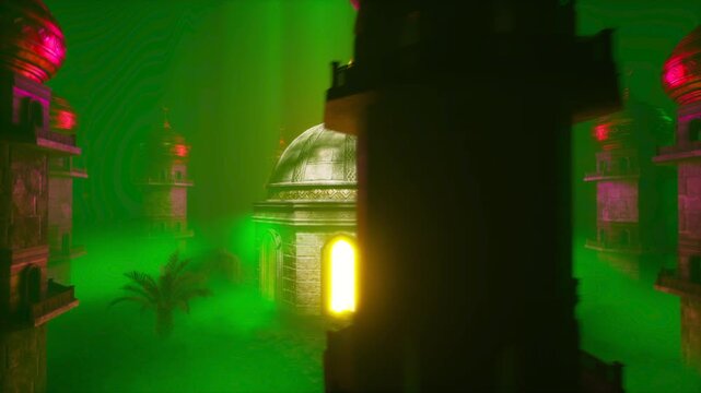 Cinematic 3D Render of Ancient Islamic Temple with Volumetric Green Beams