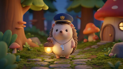 Obraz premium A whimsical hedgehog park ranger carries a glowing lantern through a fantastical forest scene animal