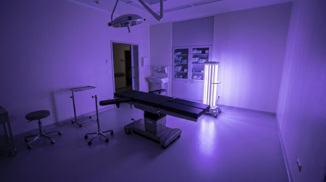 Empty Operating Room with Surgical Table and UV Sterilization Light in Hospital