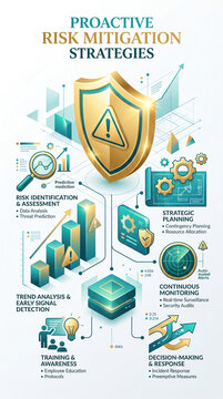 Proactive risk mitigation strategies illustrated with icons for planning, analysis, monitoring, and response, showcasing business security concepts