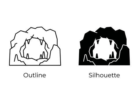 Cave Entrance: A minimalist depiction of a cave entrance, presented in both outline and silhouette forms, showcasing rock formations and stalactites within.