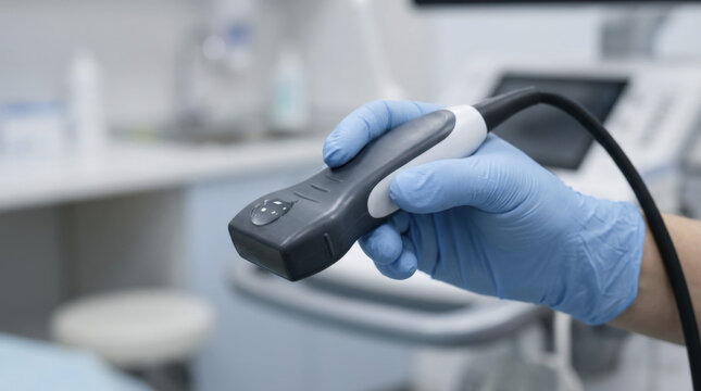 Gloved hand holding an ultrasound transducer in a clinic.