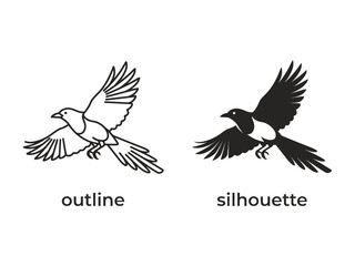 Fototapeta premium Magpie outline and silhouette: Two depictions of a flying magpie, one as a detailed outline and the other as a solid silhouette, offering versatile graphic elements.