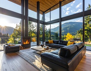 Naklejka premium Luxury living room with fireplace, expansive windows, mountain view, and modern furnishings