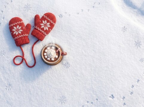 Red winter mittens with hot cocoa on snow.