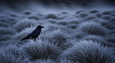 Naklejka premium A dark raven stands on frosty grass, evoking a sense of mystery, wildness, and the harsh beauty of winter.