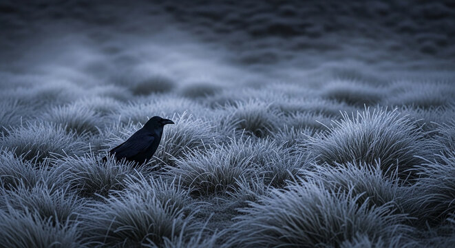 A solitary black crow stands in frosty grass under a dark sky, evoking a sense of solitude, mystery, and the wild natural world