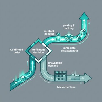 Order fulfillment decision flow showing in stock demand routed to immediate dispatch and unavailable demand separated into backorder lane, teal logistics infographic on soft graphite