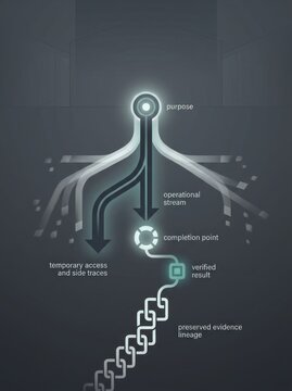 Data governance workflow showing purpose completion, temporary access closure, verified result and retained evidence lineage on dark teal vertical background with copy space