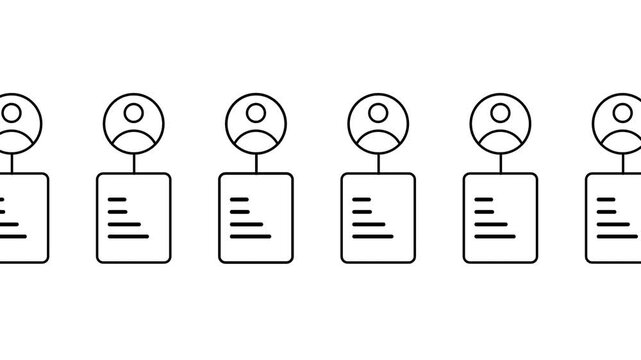 Line icon of five connected user profiles each linked to a small file card representing team members staff directory and shared group records here