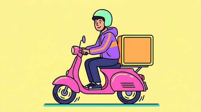 Young Courier on a Retro Pink Scooter Delivering Packages Quickly and Efficiently for Online Orders