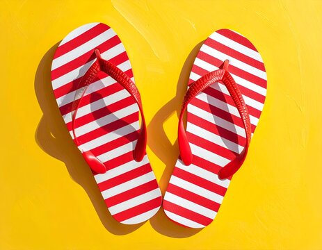 Pair of striped red and white beach sandals on bright yellow surface
