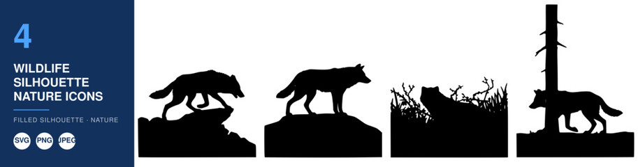Naklejka premium Animals Silhouettes Nature Icon Set with Bear Wolf Dog and Forest Scene on Simple White Background Featuring Silhouette