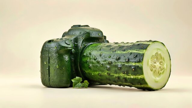 Surreal food concept of modern photographic dslr camera made entirely of fresh green cucumber with long zoom lens. Creative food art for photography blogs, posters and social media.