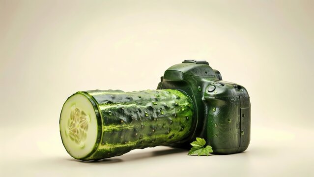 Artsy visual metaphor of a generic mirrorless camera styled as a fresh organic cucumber with long telephoto lens. Vibrant eco concept for healthy lifestyle, blogs, posters and social media.