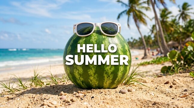 Hello Summer Banner with Watermelon Wearing Sunglasses on Beach