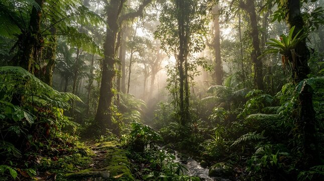 Lush tropical rainforest canopy illuminated by soft sunlight through mist with rainforest sunlight tropical environment wilderness ecosystem vegetation atmosphere serenity paradise