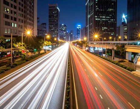 Night long exposure of a highway in a city, with streaks of light from vehicles
