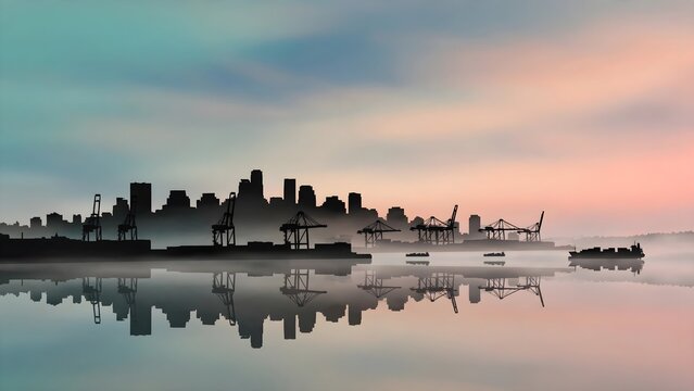 Serene Harbor Dawn Cityscape with Calm Water Reflections, Soft Sunrise Sky, Peaceful Port Architecture, and Tranquil Urban Horizon at First Light