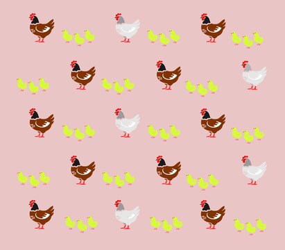 Cute Seamless Pattern of Brown and White Hens with Yellow Chicks on Pink Background