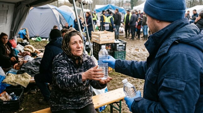 Humanitarian Aid Workers Distributing Clean Bottled Water to Flood Survivors at Relief Center