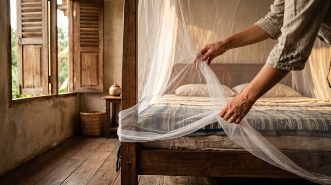 Protective mosquito net installation over bed for effective malaria prevention and dengue fever protection