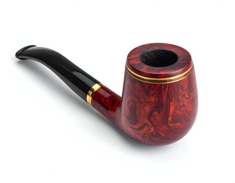 Close-up of a tobacco pipe with a red-brown bowl, black stem, and gold accents, on white
