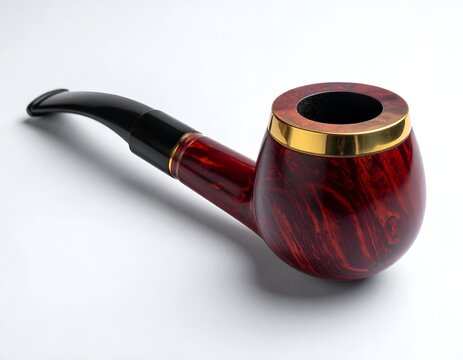 Close-up of a smoking pipe with a red-brown wooden bowl and black stem against white