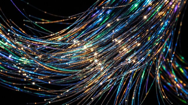 Macro Shot of Glowing Multicolored Fiber Optic Cable Strands
