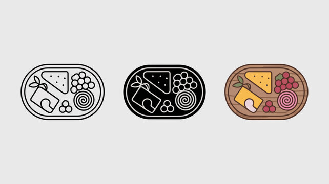 Charcuterie board icon set, wooden cheese platter vector, snack tray graphics Editable Vector