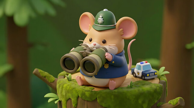 A cartoon mouse officer observes with binoculars atop a mossy log in a forest setting