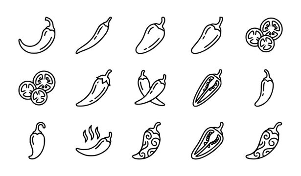 Premium Chili Pepper Outline Icon Set Featuring Spicy Vegetable Food Botanical Editable Stroke SVG Vector Illustration Collection