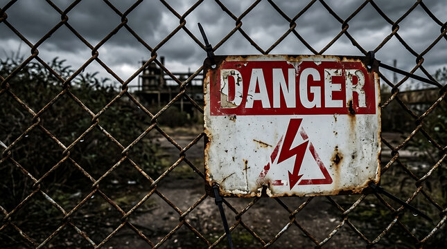 Rusted danger high voltage warning sign on chain link fence outdoors