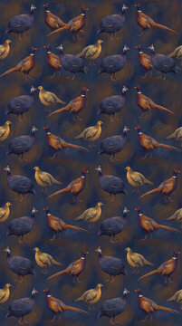 Seamless pattern featuring various game birds including ring-necked pheasants and guinea fowl arranged gracefully on a deep blue textured background