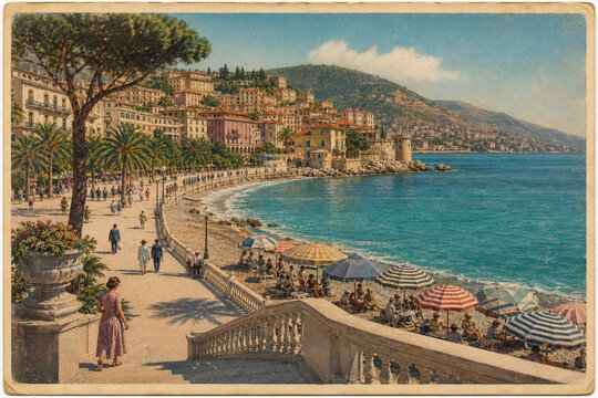 Vintage Mediterranean seaside postcard with beach umbrellas, turquoise water, hillside town, palms, promenade, and sunny coast.