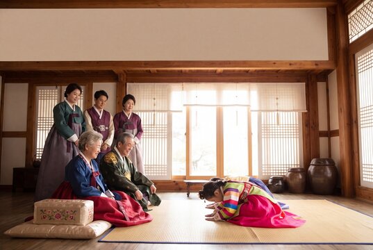 Three generation Korean family performing New Year bow in hanbok