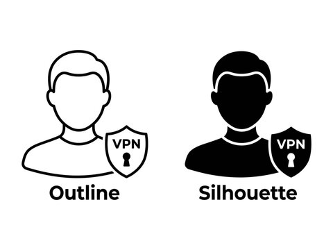 VPN Security Icons: A duo of user icons, one outlined and one silhouetted, each accompanied by a shield symbol featuring the letters VPN, representing online privacy and data protection.