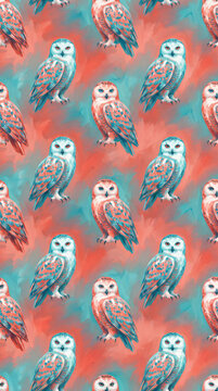 Seamless pattern featuring majestic owls with intricate patterns in teal and coral colors, creating a vibrant wildlife and nature design