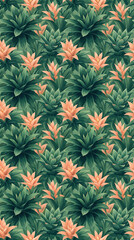 Fototapeta premium Seamless tropical pattern featuring dense green leaves and vibrant peach-colored bromeliad flowers arranged in a continuous botanical design