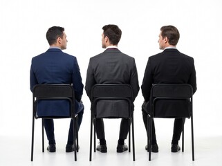 Fototapeta premium Three people in formal suits sitting and looking at something seen from back angle, isolated on white background 